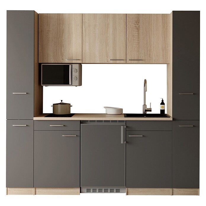 Respekta Küchenzeile Ingrid (Breite: 210 cm, Grau, Mit Kochfeld + Kühlschrank + Mikrowelle) | BAUHAUS