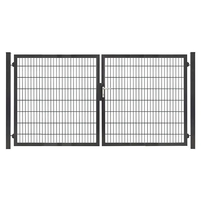 Deutsche Zauntechnik Zauntor Vario Plus S-2F - 264 x 160 cm, Anthrazitgrau, Stahl - Dunkelgraues Metall-Doppelflügelgittertor mit silbernem Griff.