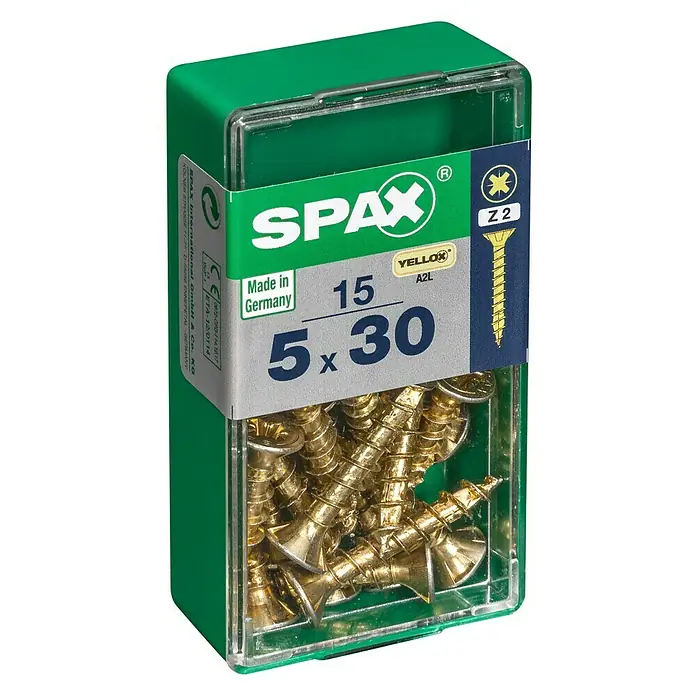 Spax Universalschraube - 5 x 30 mm, Vollgewinde, 15 Stk. - Dose mit gelb verzinkten 5x30 mm Spax Schrauben, ideal für Holzverbindungen im Innenbereich.