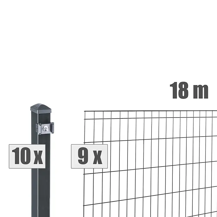 Deutsche Zauntechnik Zaun-Set Michl - Breite: 18 m, Höhe: 1,21 m, Anthrazitgrau - Dunkelgrauer Metallzaunpfosten und passendes Drahtgitterzaunelement, Komponenten für einen 18-Meter-Zaun.