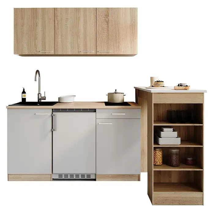 Respekta Miniküche Ingrid - Breite: 150 cm, Weiß, Mit Bartisch, Mit Kochfeld + Kühlschrank - Kompakte Küchenzeile mit hellen Holz-Oberschränken, grauem Unterschrank mit Spüle/Kochfeld und passendem Regal.