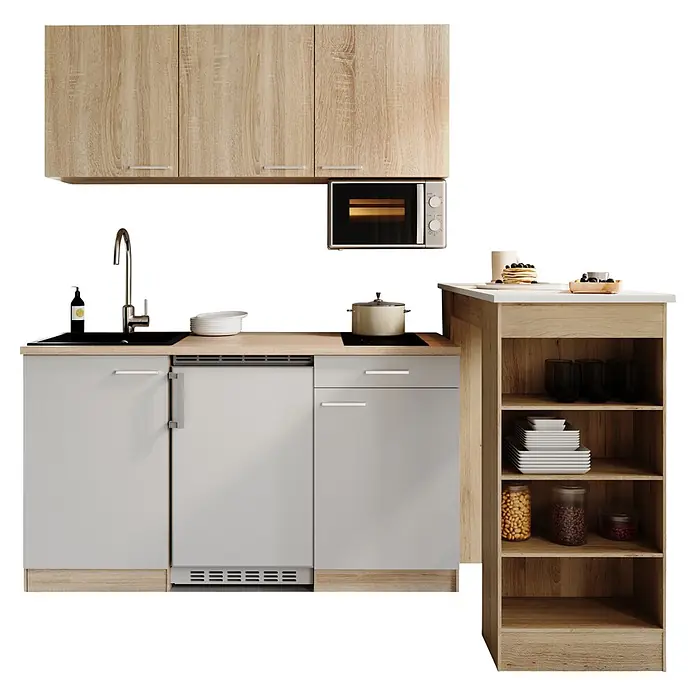 Respekta Miniküche Ingrid - Breite: 150 cm, Weiß, Mit Bartisch, Mit Kochfeld + Kühlschrank + Mikrowelle - Kompakte Küchenzeile in hellem Holz und Hellgrau mit weißer Arbeitsplatte, Spüle, Kochfeld, Mikrowelle und offenem Regal.