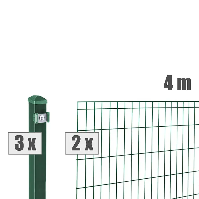 Deutsche Zauntechnik Zaun-Set Michl - Breite: 4 m, Höhe: 0,81 m, Moosgrün - Grüner Zaunpfosten (3x) und grüne Gittermatte (2x) für einen 4m Zaun.