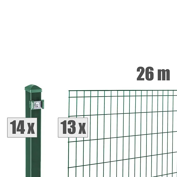 Deutsche Zauntechnik Zaun-Set Michl - Breite: 26 m, Höhe: 0,81 m, Moosgrün - Grüne Metallzaunpfosten (14x) und Drahtgitterelemente (13x) für einen 26m Zaun.