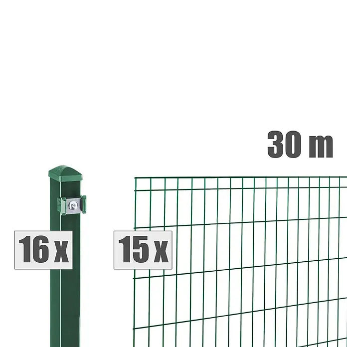 Deutsche Zauntechnik Zaun-Set Michl - Breite: 30 m, Höhe: 1,21 m, Moosgrün - Grünes Zaun-Set: 16 Pfosten, 15 Paneele, 30 m Gesamtlänge.