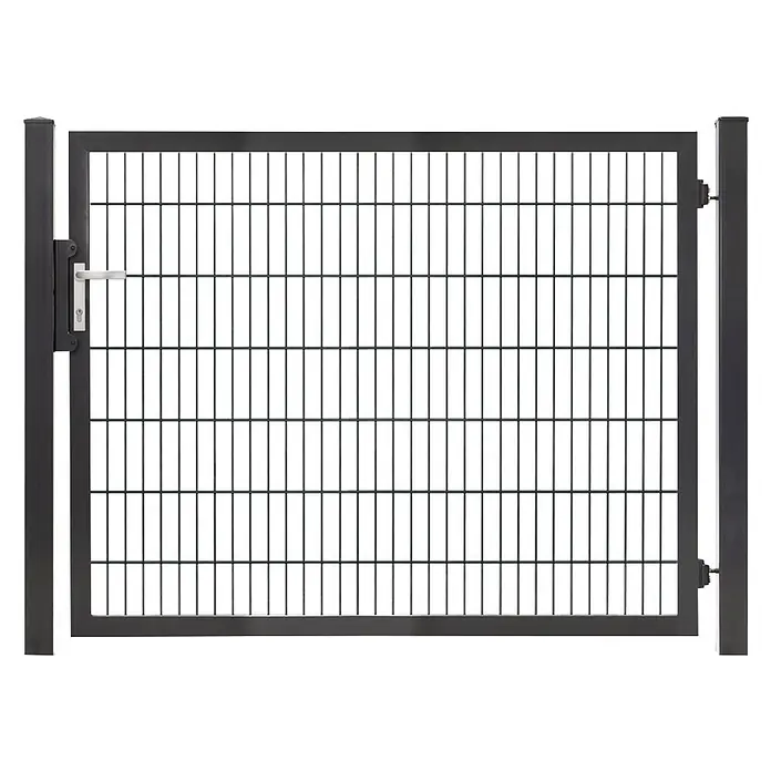 Deutsche Zauntechnik Zauntor Vario Plus S-1F - B x H: 184 x 140 cm, Anthrazitgrau, Stahl - Dunkelgraues Metallgartentor mit Maschenfüllung, Rahmen, Pfosten und silbernem Griff.