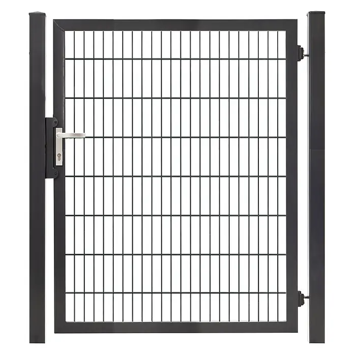 Deutsche Zauntechnik Zauntor Vario Plus S-1F - B x H: 134 x 160 cm, Anthrazitgrau, Stahl - Dunkelgraues Metalltor mit Gitterfüllung, silbernem Griff und zwei Pfosten.