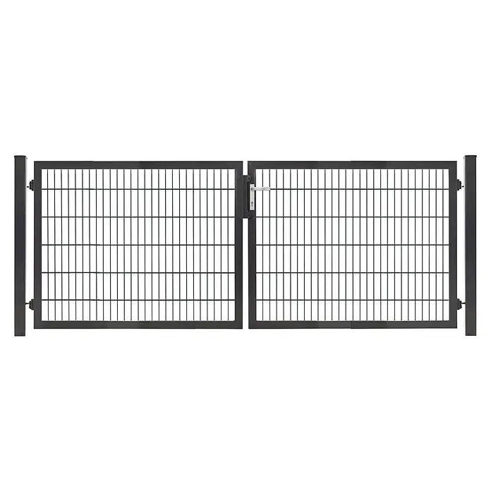 Deutsche Zauntechnik Zauntor Vario Plus S-2F - 264 x 120 cm, Anthrazitgrau, Stahl - Dunkelgraues Metall-Doppelflügeltor mit Gitterfüllung und silbernem Griff.