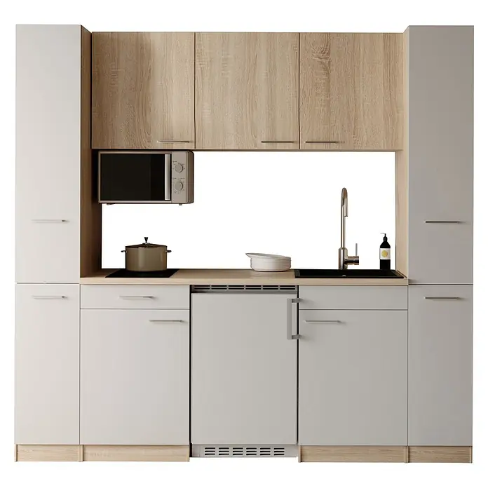 Respekta Küchenzeile Ingrid - Breite: 210 cm, Weiß, Mit Kochfeld + Kühlschrank + Mikrowelle - Moderne Küche mit hellen Holz-Oberschränken, weißen Unterschränken, Mikrowelle, Kochfeld, Spüle und Geschirrspüler.