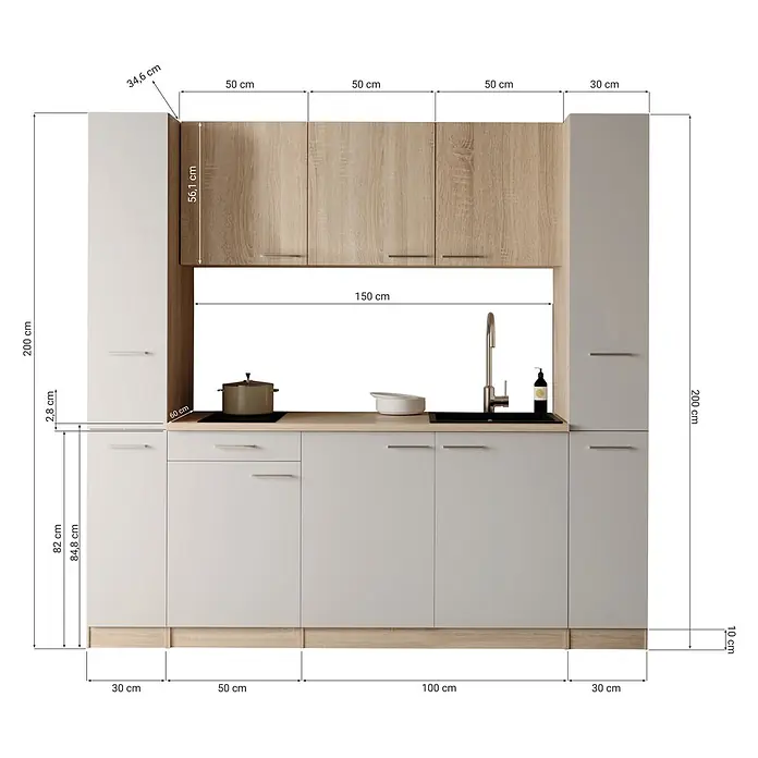Respekta Küchenzeile Ingrid - Breite: 210 cm, Grau, Mit Kochfeld - Moderne Küche mit hellgrauen und Holzoptikschränken, Arbeitsplatte in Holzoptik, integrierter Spüle und Kochfeld.