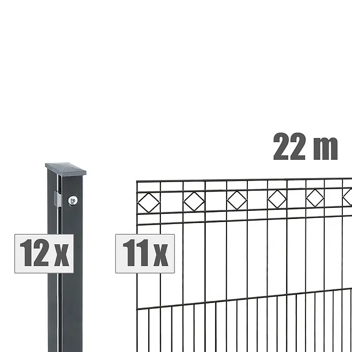 Deutsche Zauntechnik Zaun-Set Turin - Breite: 22 m, Höhe: 0,81 m, Anthrazitgrau - Dunkelgraues Metallzaun-Set mit 12 Pfosten, 11 Zaunfeldern und einer Gesamtlänge von 22 Metern.