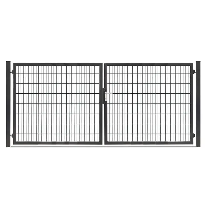 Deutsche Zauntechnik Zauntor Vario Plus S-2F - 364 x 160 cm, Anthrazitgrau, Stahl - Dunkelgraues doppelflügeliges Metalltor mit Gitterfüllung und Griff.