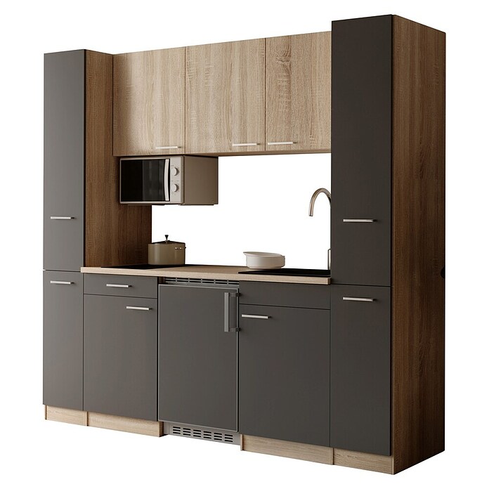 Respekta Küchenzeile Ingrid (Breite: 210 cm, Grau, Mit Kochfeld + Kühlschrank + Mikrowelle) | BAUHAUS