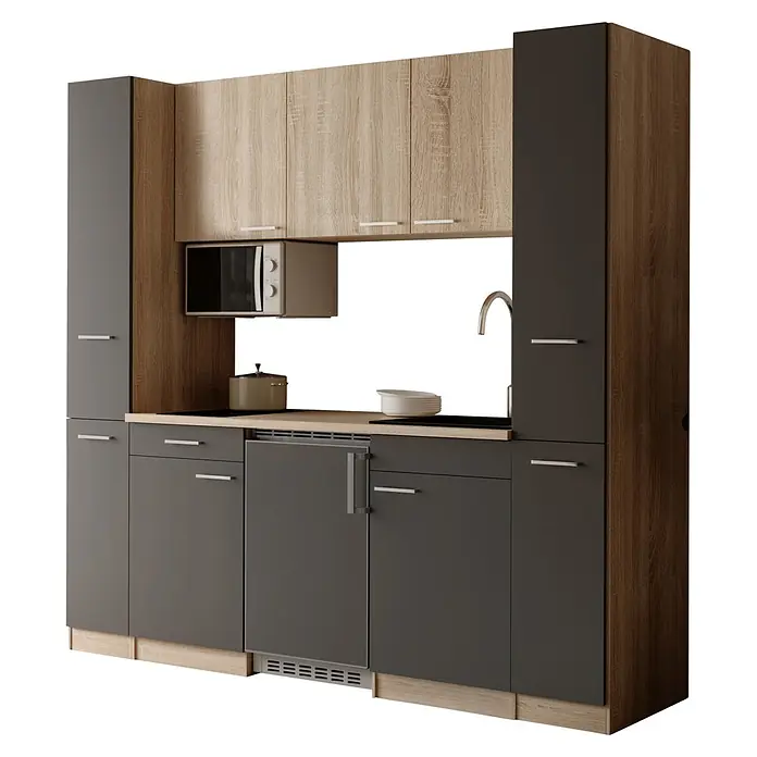 Respekta Küchenzeile Ingrid - Breite: 210 cm, Grau, Mit Kochfeld + Kühlschrank + Mikrowelle - Moderne Einbauküche mit hellen Holz- und dunkelgrauen Schränken, inklusive Mikrowelle, Spüle und Kochfeld.