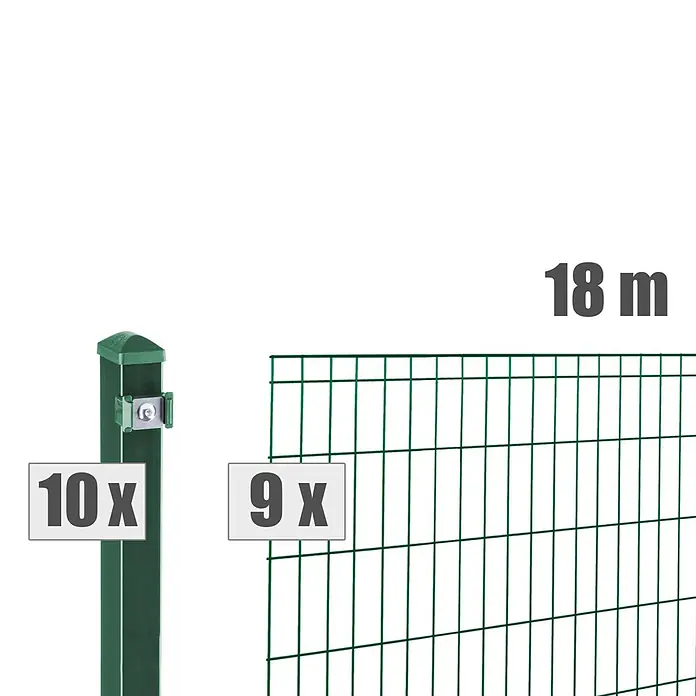 Deutsche Zauntechnik Zaun-Set Michl - Breite: 18 m, Höhe: 1,21 m, Moosgrün - Grünes Zaunset mit 10 Pfosten und 9 Zaunelementen, 18 Meter lang.