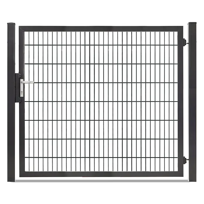 Deutsche Zauntechnik Zauntor Vario Plus S-1F - B x H: 184 x 160 cm, Anthrazitgrau, Stahl - Dunkelgraues Metall-Gartentor mit Gitterfüllung und silbernem Griff.