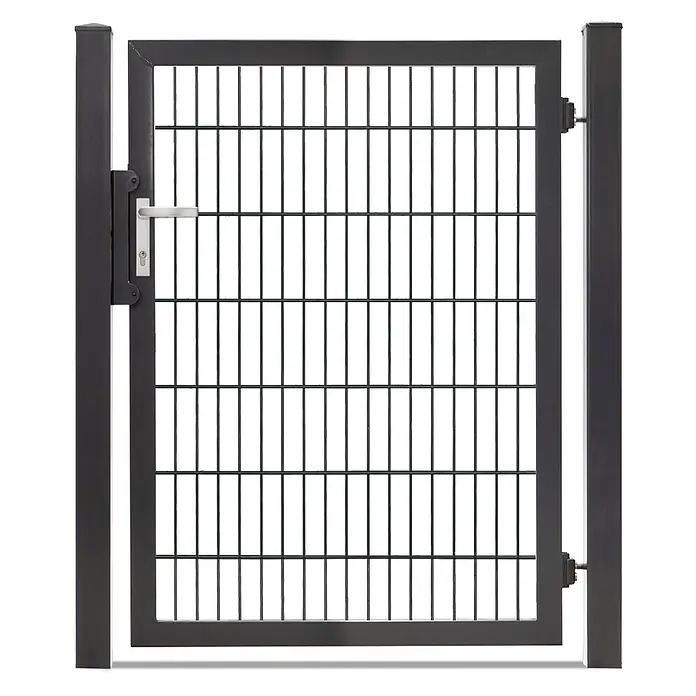 Deutsche Zauntechnik Zauntor Vario Plus S-1F - B x H: 109 x 140 cm, Anthrazitgrau, Stahl - Dunkelgraues Metall-Gartentor mit Gitterfüllung und silbernem Griff.