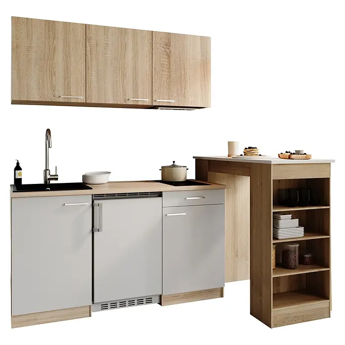 Respekta Miniküche Ingrid - Breite: 150 cm, Weiß, Mit Bartisch, Mit Kochfeld + Kühlschrank + Mikrowelle - Kompakte Küchenzeile mit hellen Holz-Oberschränken, hellgrauen Unterschränken, Spüle und integriertem Bartisch mit Regalen.