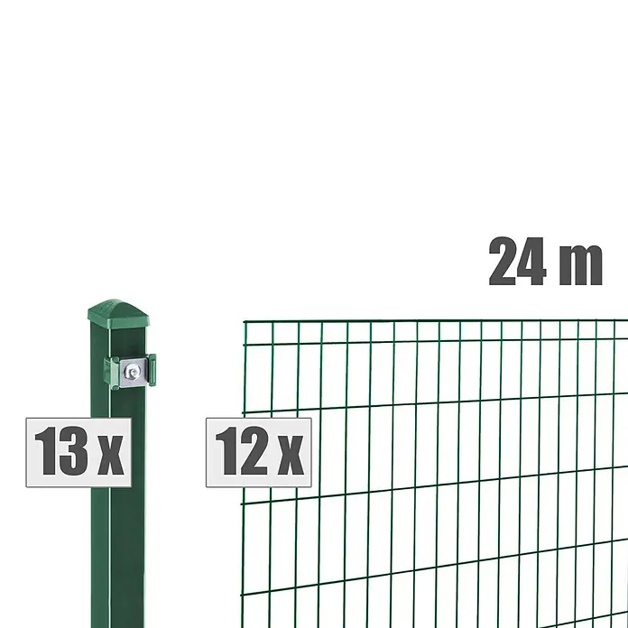 Deutsche Zauntechnik Zaun-Set Michl - Breite: 24 m, Höhe: 1,01 m, Moosgrün - Grünes Metallzaun-Set mit 13 Pfosten und 12 Feldern für 24 Meter Gesamtlänge.