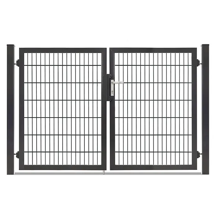Deutsche Zauntechnik Zauntor Vario Plus S-2F - 214 x 140 cm, Anthrazitgrau, Stahl - Dunkelgraues Doppelflügel-Metalltor mit Gitterfüllung, stabilen Rahmen, Griff und Schloss.