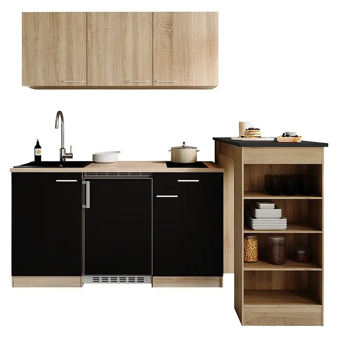 Respekta Miniküche Ingrid - Breite: 150 cm, Schwarz, Mit Bartisch, Mit Kochfeld + Kühlschrank - Modulare Küchenzeile aus hellem Holz und Schwarz mit Spüle, Herd und offenem Regal.
