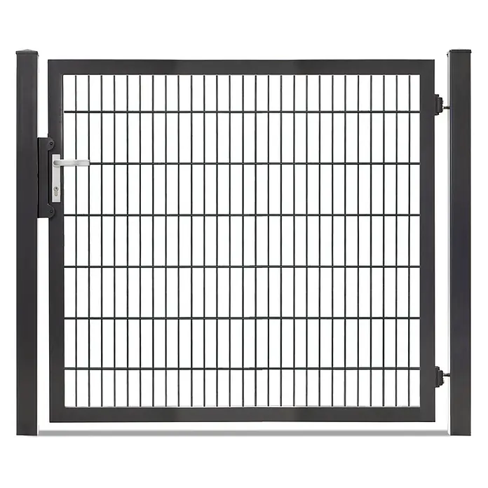 Deutsche Zauntechnik Zauntor Vario Plus S-1F - B x H: 159 x 140 cm, Anthrazitgrau, Stahl - Dunkelgraues Metall-Gartentor mit Gitterfüllung, Pfosten und Griff.