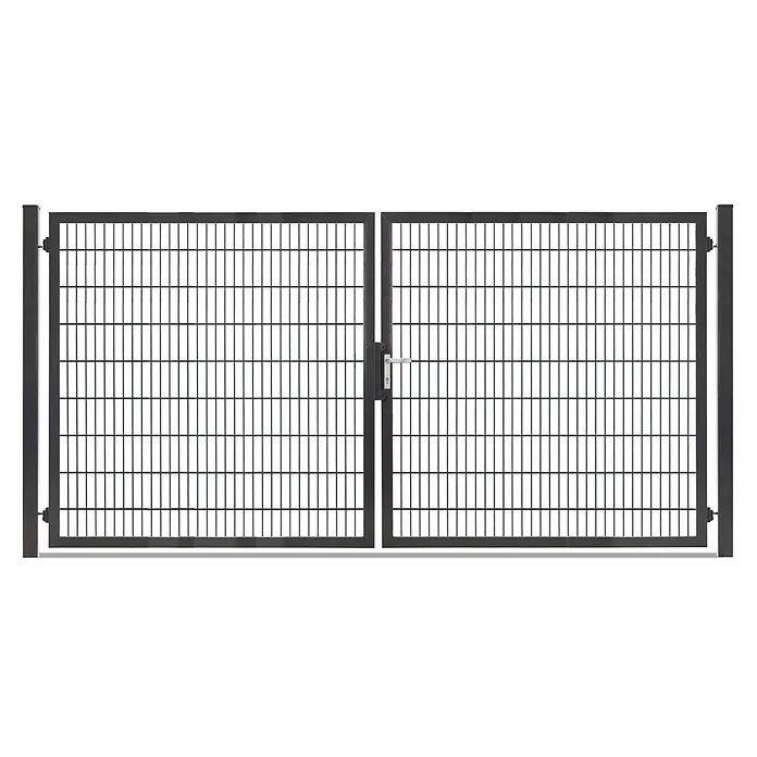 Deutsche Zauntechnik Zauntor Vario Plus S-2F - 364 x 180 cm, Anthrazitgrau, Stahl - Doppelflügeliges anthrazitfarbenes Metallgittertor mit zentralem Griff und Verriegelungssystem.
