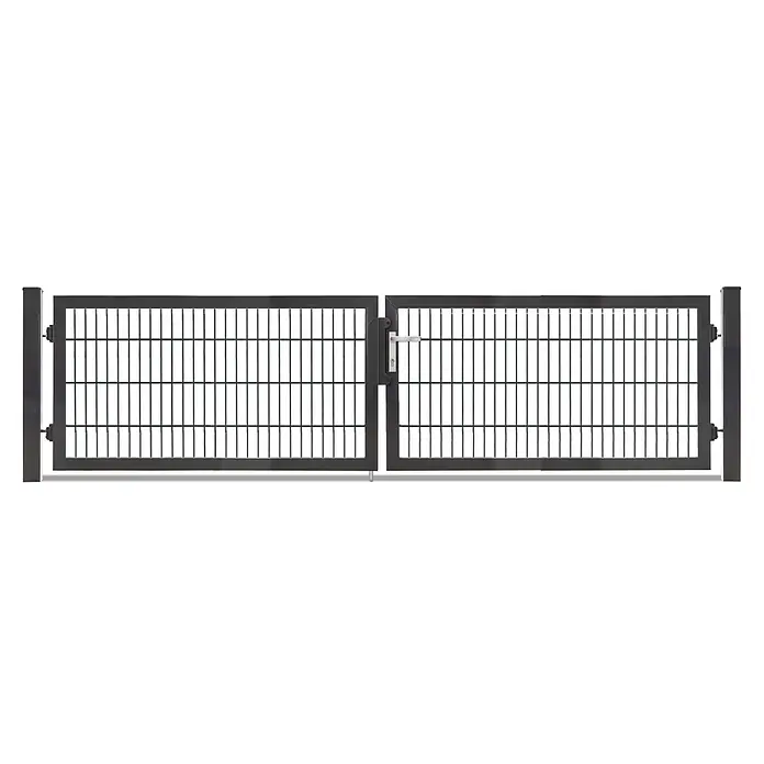 Deutsche Zauntechnik Zauntor Vario Plus S-2F - 314 x 80 cm, Anthrazitgrau, Stahl - Dunkelgraues Doppelflügel-Zauntor aus Metall mit Drahtgitterfüllung, inkl. Pfosten, Griff und Schloss.