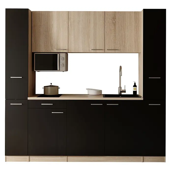 Respekta Küchenzeile Ingrid - Breite: 210 cm, Schwarz, Mit Kochfeld + Mikrowelle - Moderne Küchenzeile mit schwarzen Unterschränken und hellen Holz-Oberschränken, inklusive Mikrowelle, Spüle und Kochfeld.