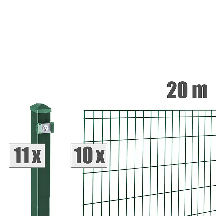 Deutsche Zauntechnik Zaun-Set Michl - Breite: 20 m, Höhe: 1,21 m, Moosgrün - Grünes Metallzaunset mit 10 Paneelen und 11 Pfosten für 20m Zaun.