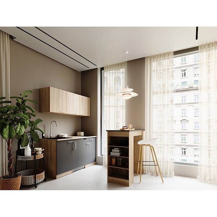 Respekta Miniküche Ingrid (Breite: 150 cm, Grau, Mit Bartisch, Mit Kochfeld + Kühlschrank) | BAUHAUS