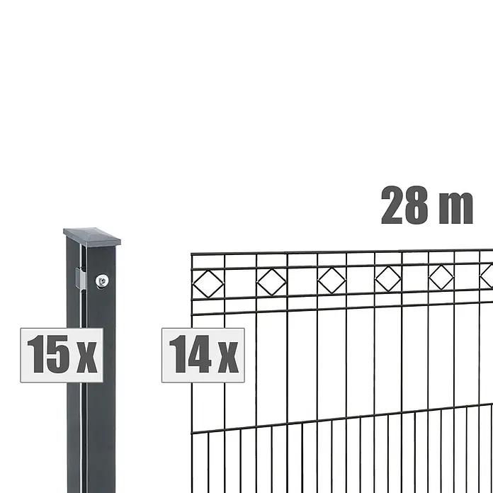 Deutsche Zauntechnik Zaun-Set Turin - Breite: 28 m, Höhe: 0,81 m, Anthrazitgrau - Dunkles Metallzaun-Set mit 15 Pfosten, 14 Paneelen und einer Gesamtlänge von 28 Metern.