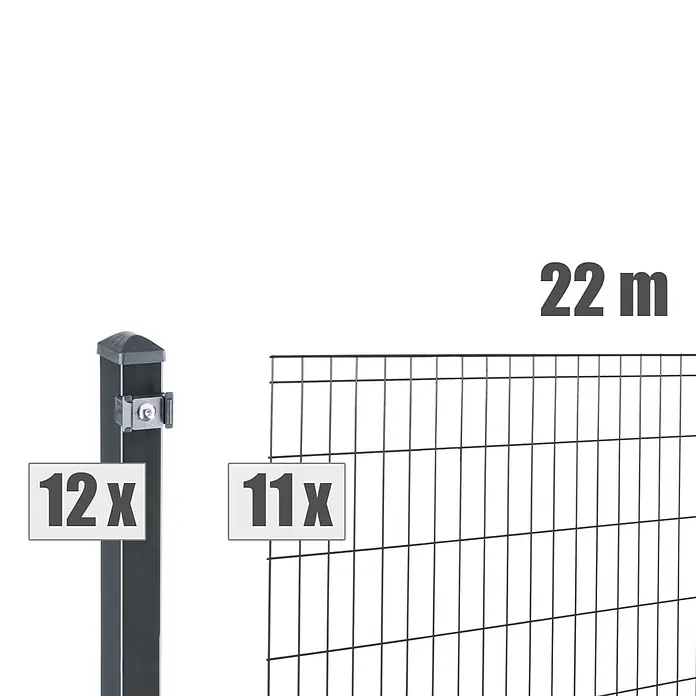 Deutsche Zauntechnik Zaun-Set Michl - Breite: 22 m, Höhe: 1,01 m, Anthrazitgrau - Dunkelgraues Zaun-Set: 12 Pfosten, 11 Gittermatten, 22 m Gesamtlänge.