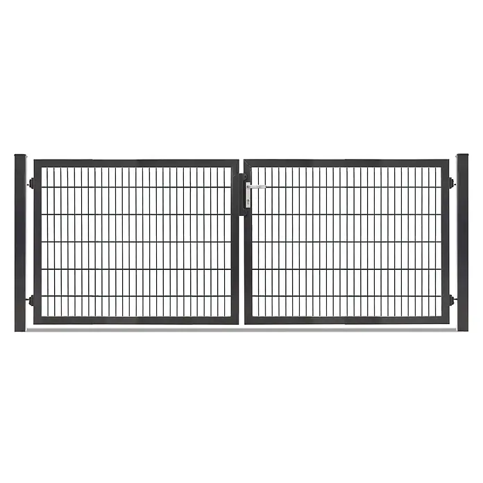 Deutsche Zauntechnik Zauntor Vario Plus S-2F - 314 x 120 cm, Anthrazitgrau, Stahl - Dunkelgraues Metall-Doppelflügeltor mit Gitterfüllung, Griff und Schloss.