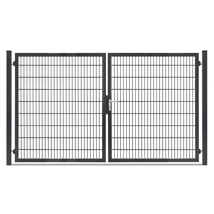 Deutsche Zauntechnik Zauntor Vario Plus S-2F - 264 x 180 cm, Anthrazitgrau, Stahl - Zweiflügeliges dunkelgraues Metallgittertor mit silbernem Griff.