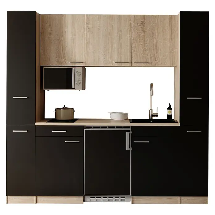 Respekta Küchenzeile Ingrid - Breite: 210 cm, Schwarz, Mit Kochfeld + Kühlschrank + Mikrowelle - Moderne Kompaktküche mit schwarzen und holzfarbenen Schränken, integrierten Geräten (Mikrowelle, Kochfeld, Spüle, Kühlschrank) und heller Holz-Arbeitsplatte.