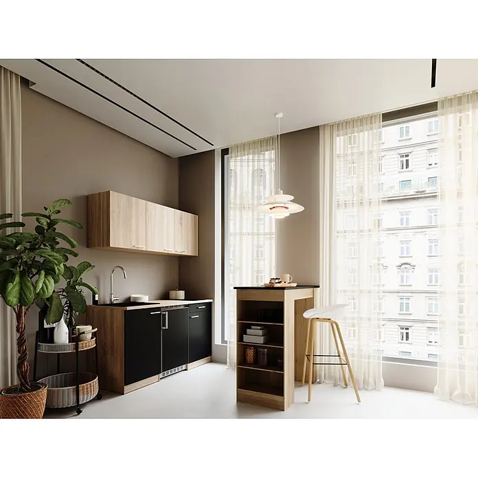 Respekta Miniküche Ingrid - Breite: 150 cm, Schwarz, Mit Bartisch, Mit Kochfeld + Kühlschrank - Kompakte Küchenzeile mit schwarzen Unterschränken, Holzdetails und integriertem Bartisch mit Regal und Hocker.