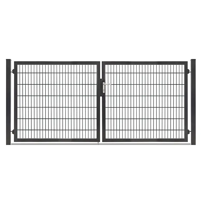 Deutsche Zauntechnik Zauntor Vario Plus S-2F - 314 x 140 cm, Anthrazitgrau, Stahl - Dunkelgraues Doppelflügel-Metallgittertor mit Griff und Pfosten.