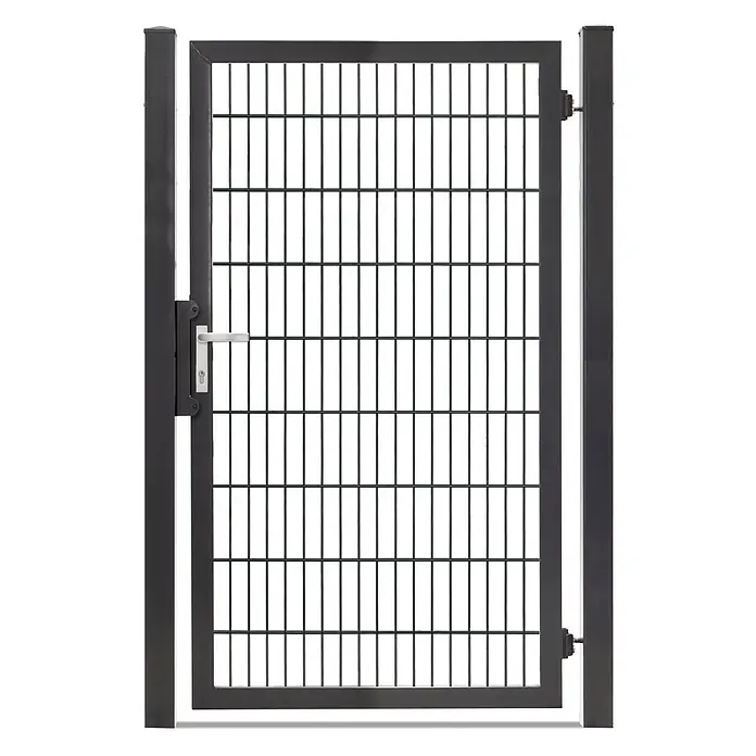 Deutsche Zauntechnik Zauntor Vario Plus S-1F - B x H: 109 x 180 cm, Anthrazitgrau, Stahl - Anthrazitfarbenes Gartentor aus Doppelstabgitter mit Griff und Pfosten.