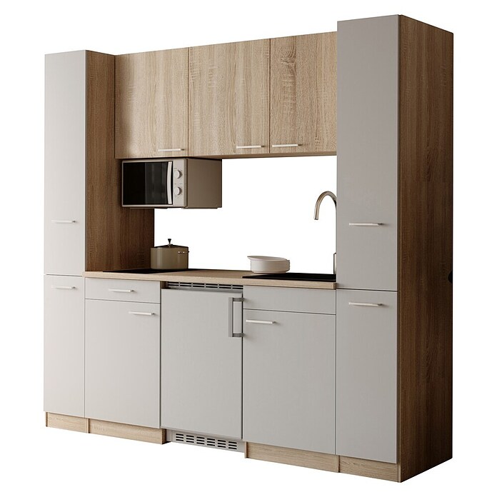 Respekta Küchenzeile Ingrid (Breite: 210 cm, Weiß, Mit Kochfeld + Kühlschrank + Mikrowelle) | BAUHAUS