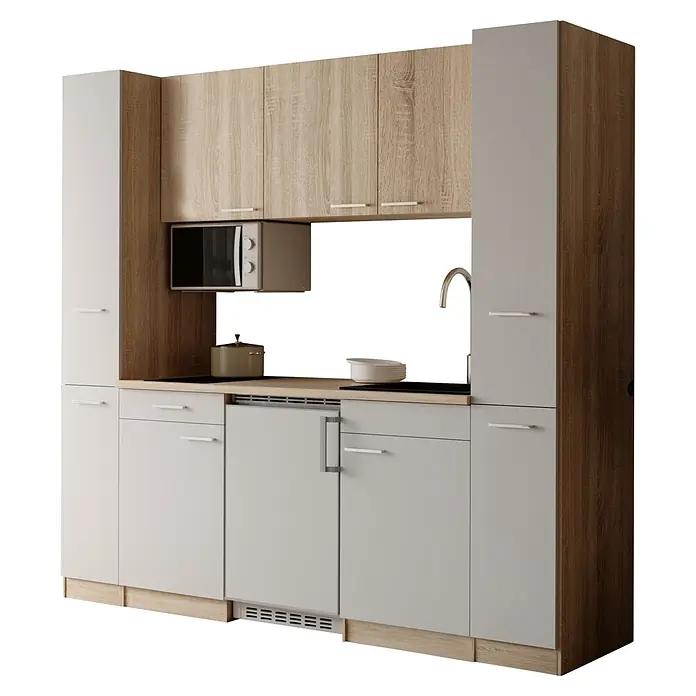 Respekta Küchenzeile Ingrid - Breite: 210 cm, Weiß, Mit Kochfeld + Kühlschrank + Mikrowelle - Kompakte Küchenzeile mit hellen Holz-Oberschränken, hellgrauen Unterschränken, Mikrowelle, Spüle und Kochfeld auf einer hellen Holz-Arbeitsplatte.