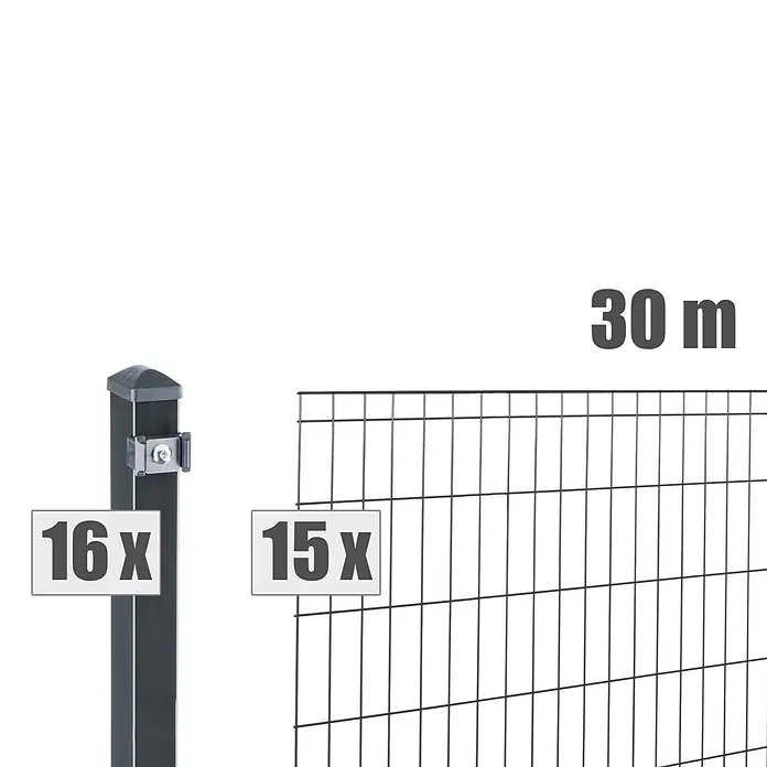 Deutsche Zauntechnik Zaun-Set Michl - Breite: 30 m, Höhe: 1,21 m, Anthrazitgrau - Dunkelgraues Metallzaunsystem: 16 Pfosten, 15 Paneele, 30m Gesamtlänge.