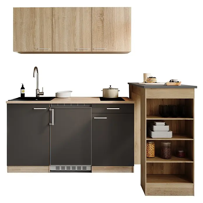 Respekta Miniküche Ingrid - Breite: 150 cm, Grau, Mit Bartisch, Mit Kochfeld + Kühlschrank - Moderne Küchenzeile mit hellen Holz-Oberschränken, dunkelgrauen Unterschränken, Holzarbeitsplatte mit Spüle und Kochfeld sowie passendem Regal.