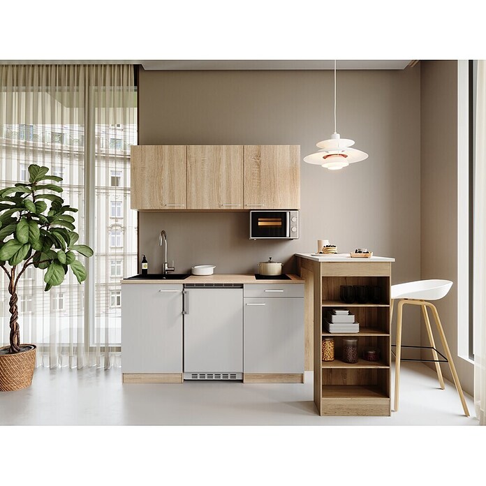 Respekta Miniküche Ingrid (Breite: 150 cm, Weiß, Mit Bartisch, Mit Kochfeld + Kühlschrank + Mikrowelle) | BAUHAUS