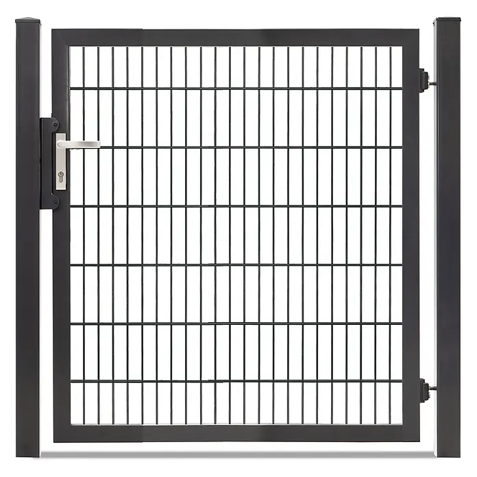 Deutsche Zauntechnik Zauntor Vario Plus S-1F - B x H: 134 x 140 cm, Anthrazitgrau, Stahl - Dunkelgraues Metall-Gartentor mit Gitterfüllung, silbernem Griff und Schloss.