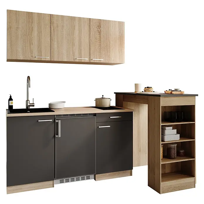 Respekta Miniküche Ingrid - Breite: 150 cm, Grau, Mit Bartisch, Mit Kochfeld + Kühlschrank - Kompakte Küchenzeile mit hellen Holz-Oberschränken, dunkelgrauen Unterschränken, Spüle, Kochfeld und integriertem Regal mit Arbeitsplatte.