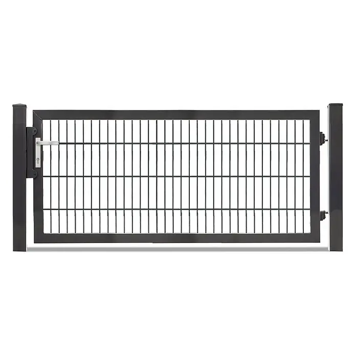 Deutsche Zauntechnik Zauntor Vario Plus S-1F - B x H: 184 x 80 cm, Anthrazitgrau, Stahl - Dunkelgraues Metall-Gartentor mit vertikalen Stäben, integriertem Griff und zwei Pfosten.
