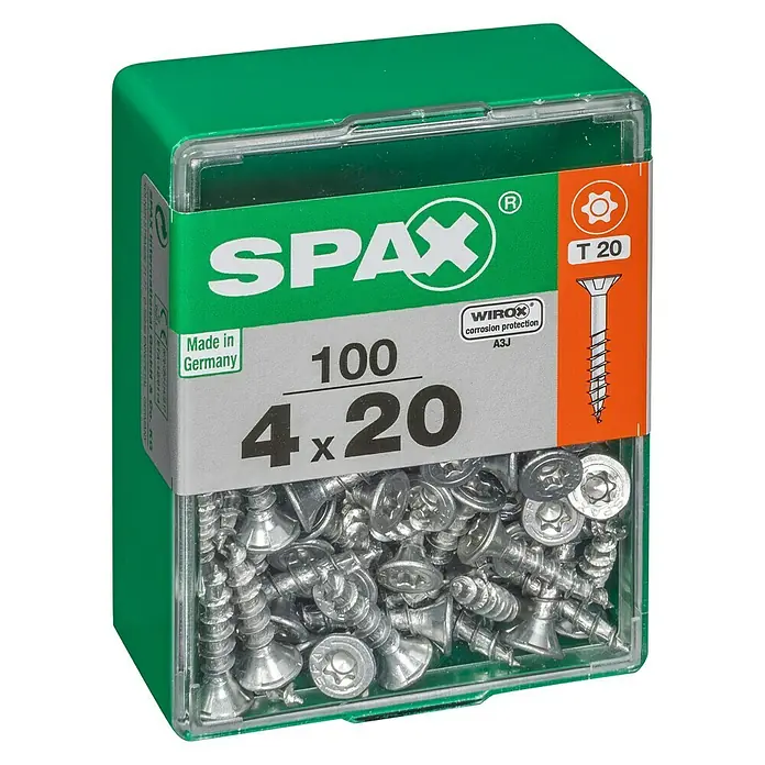 Spax T-Star plus Universalschraube T-Star plus - Ø x L: 4 x 20 mm, WIROX Oberfläche, T-Star plus, 100 Stk. - Eine grüne Spax-Schraubenbox mit 100 Universalschrauben, 4x20 mm Größe und Torx T20-Antrieb für vielfältige Anwendungen im Innen- und Außenbereich.
