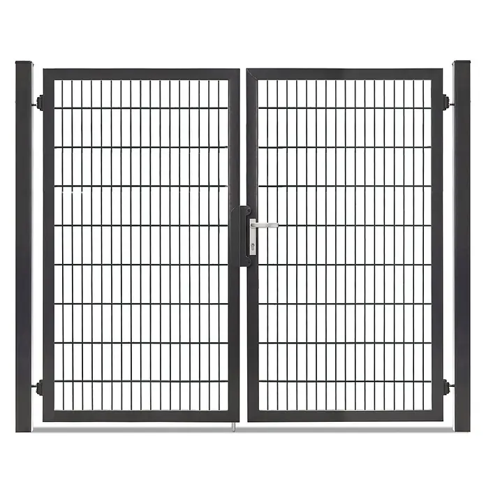 Deutsche Zauntechnik Zauntor Vario Plus S-2F - 214 x 180 cm, Anthrazitgrau, Stahl - Anthrazitfarbenes Doppelflügel-Metalltor mit Gitterfüllung, Schloss und Griff.