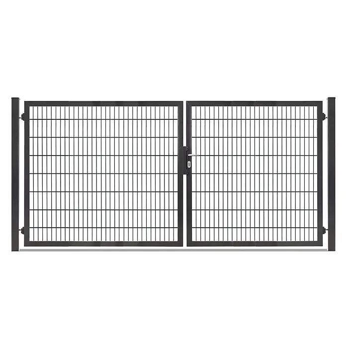 Deutsche Zauntechnik Zauntor Vario Plus S-2F - 314 x 160 cm, Anthrazitgrau, Stahl - Dunkelgraues Metall-Doppeltor mit Gitterfüllung, inklusive Griff und Schloss.